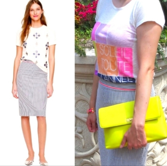 NWOT J.crew Seersucker vertical striped Navy Blue & White Pencil skirt sz 4 - Picture 3 of 15